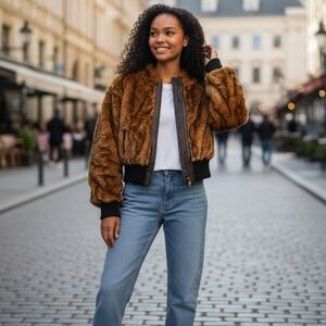 Vintage‎ Y2K Azzure Orange Faux Fur Bomber Jacket Full Zip Style Size L NEW